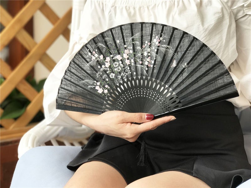 OMyTea Folding Hand Fan for Women - Foldable Japanese Chinese Oriental Vintage Retro Bamboo Silk Fan - for Church, Decoration, Hot Flash, Dance, Performance, Party, Gift (Black Grassflowers) - Image 4